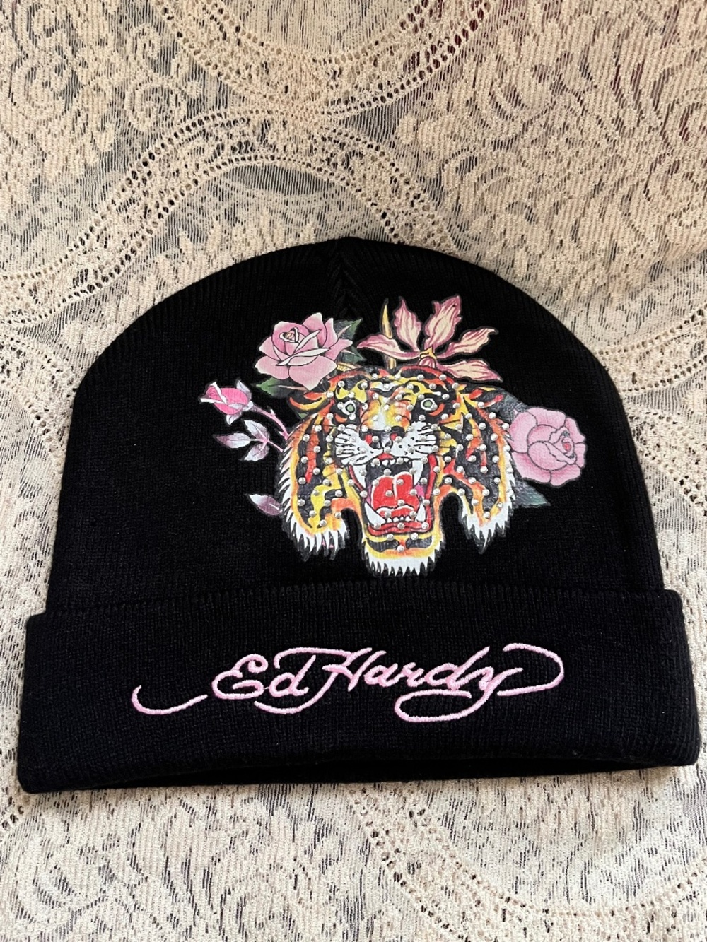 Y2K Ed Hardy Tiger knit toque hat black